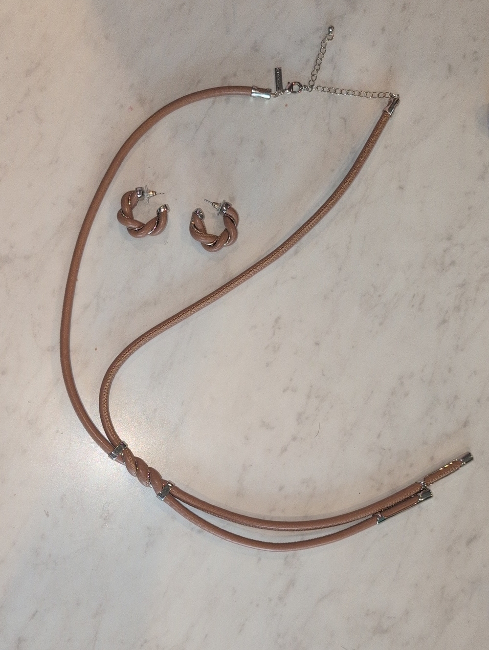 White House Black Market Taupe Braided Necklace with Matching Hoop Earrings